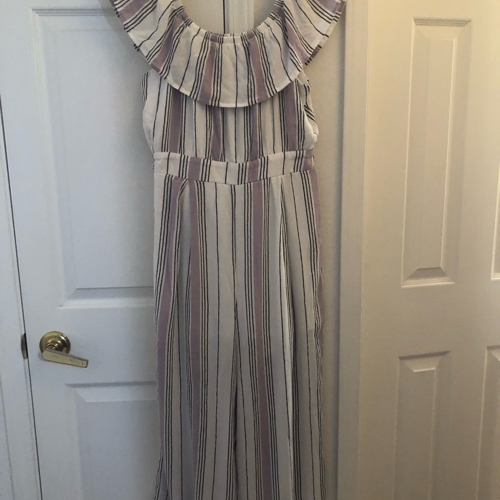 As U Wish White and Lavender Striped Jumpsuit Size Large